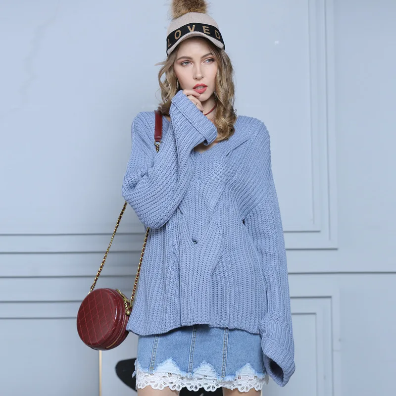 

Ladies Oversized Knitting Sweater Autumn Winter Women's Long Sleeve V-Neck Loose Cross Twisted Crocheting Shirts