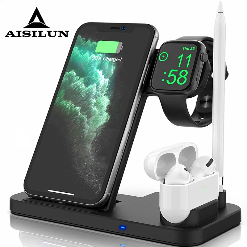 4 em 1 carregador sem fio qi 10w doca de carregamento rápido suporte para iphone 11 pro 8 xr xs para apple assista 5 4 airpods pro carga lápis|Carregadores sem Fio| -