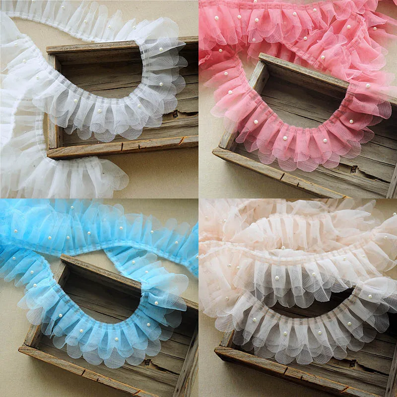 

7cm wide three-layer mesh beaded pleated three-dimensional flower edge decorative lace handmade diy shoes bag hat