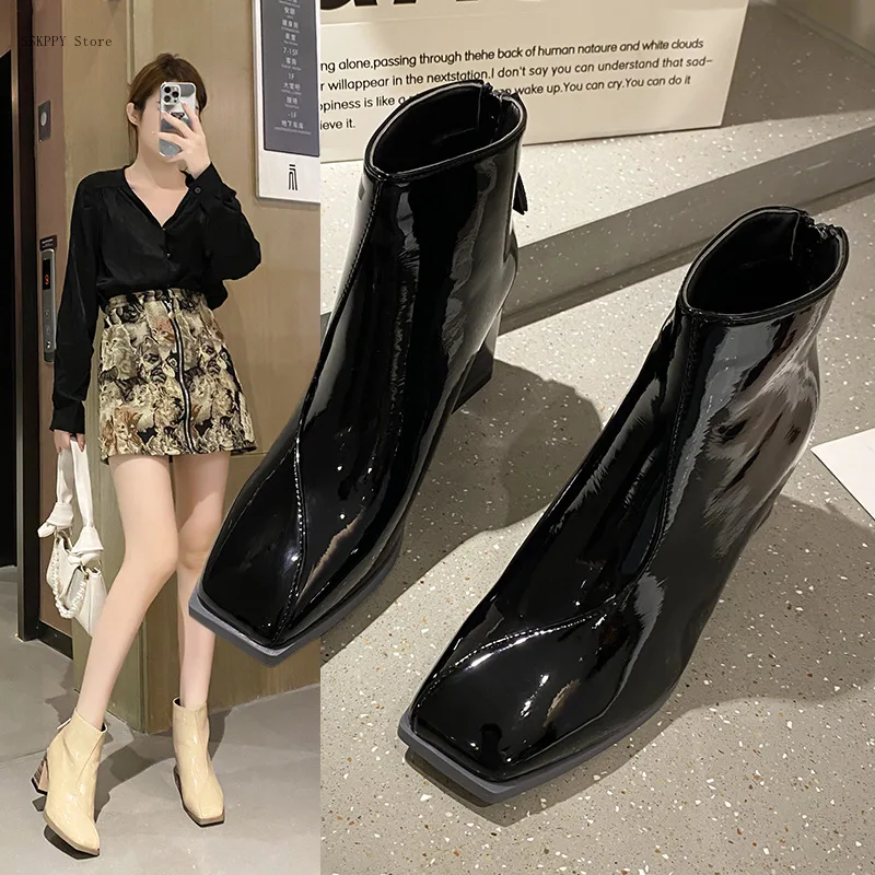 

British Style short Boots Women 2022 New Autumn and Winter Square Toe Thick Heel Women's Boots Patent Leather Ankle Boots