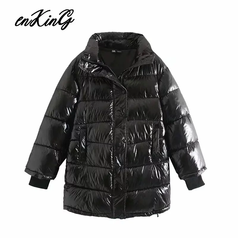 Зимнее женское пальто в английском стиле, уличное винтажное, негабаритное, атласное, блестящее, черное, толстая парка, теплое длинное пальто ZA для женщин - Цвет: Black