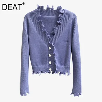 

DEAT 2020 Autumn New Single-breasted Solid Color Long Sleeve Casual V-neck Knitting Fashion Women's Cardigan Sweater 3AC448