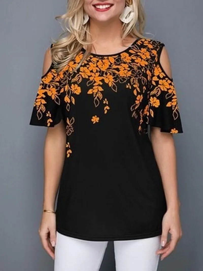 

2020 New Plus Size Tops Spring Summer Tees Casual Round Collar Print T-shirts Women Off-shoulder Short Sleeve T-shirt Female Top