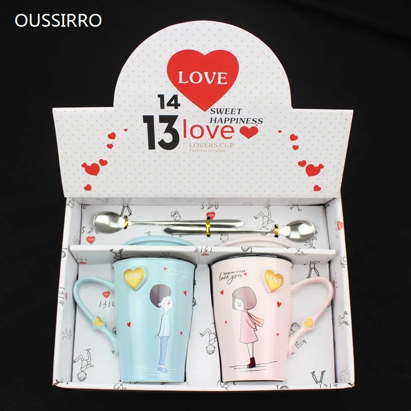 

OUSSIRRO 2Pcs/Set Creative Ceramic Couple Cup Love Mug with Spoon Lid Valentine's Day Wedding Birthday Gifts With Gift Box