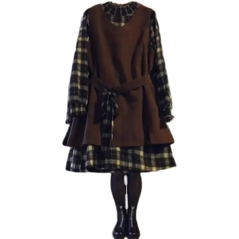 

Fashion Ladies Dress Autumn Winter Long Sleeve Plaid Dress & Vest 2 Pcs Sets Large Size Casual Female Tops With Belt 6XL W220