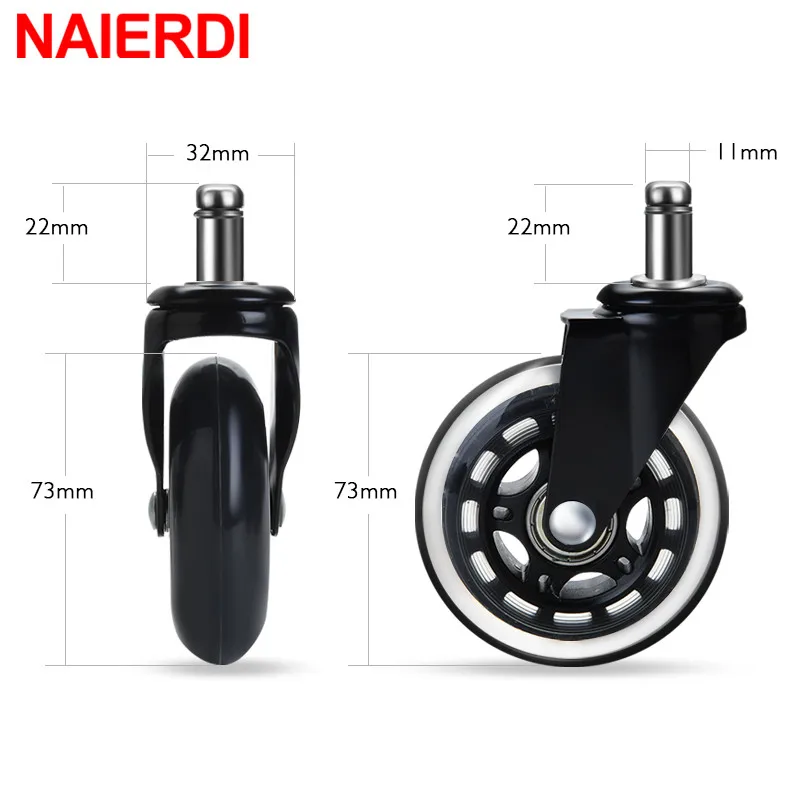 NAIERDI 1PC Universal Mute Wheel 3 inch Office Chair Caster Replacement 60KG Swivel Rubber Soft Safe Rollers Furniture Hardware