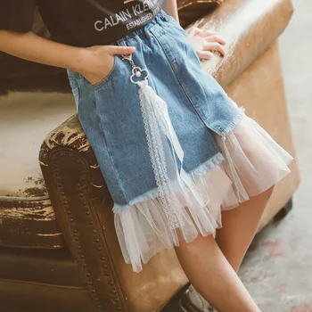 

Summer Girls denim Skirts Fashion Ripped Jeans Irregular Mesh Patchwork Midi Skirts 5 6 7 8 10 11 14 Years tutu skirt for girl
