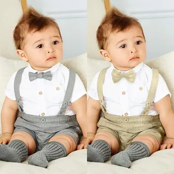 

2Pcs Baby Boys Summer Clothing Set Solid Color Strap Shorts Short Sleeve Casual Shirt Tops Gentle Outfits