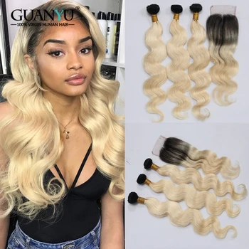 

2 Tone 1B 613 Ombre Blonde Hair Bundles with Closure 4*4 Brazilian Body Wave Remy Hair Weave with Baby Hair Dark Roots