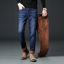 Мужские Зимние флисовые джинсы фланелевая подкладка стрейч джинсовое изделие свободного кроя ботфорты брюки 36 38 40 42 44 черный синий