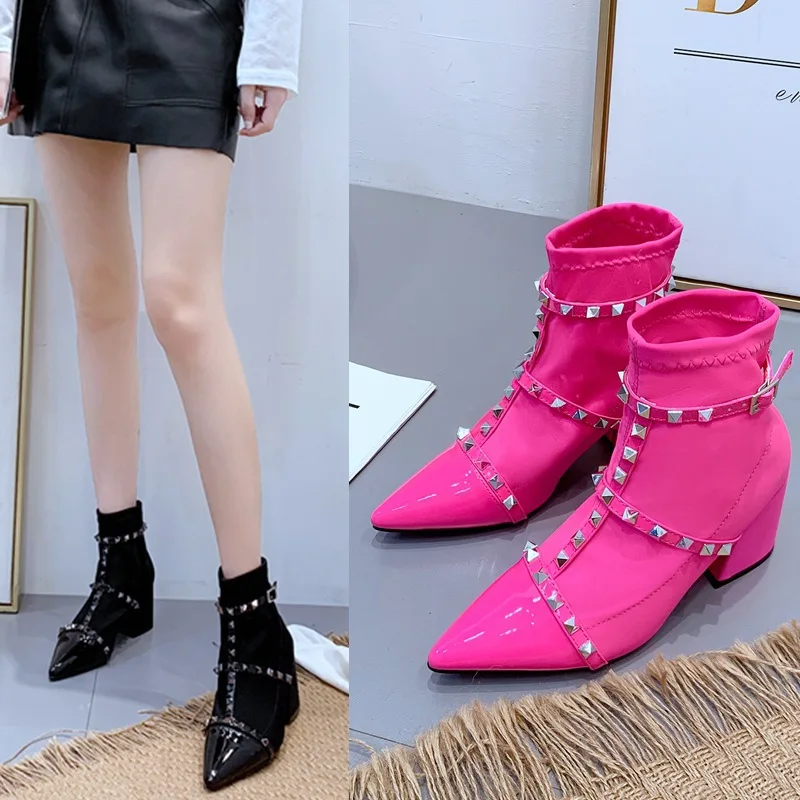 

new chunky heels short ankle boots pointed toe studded buckle martin booties women autumn winter single botas patchwork footwear