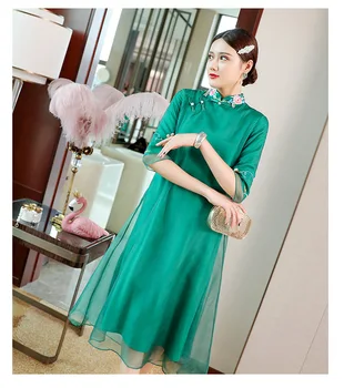 

Spring new original design long section Chinese style Embroidered big size loosen retro stand collar organza dress for women