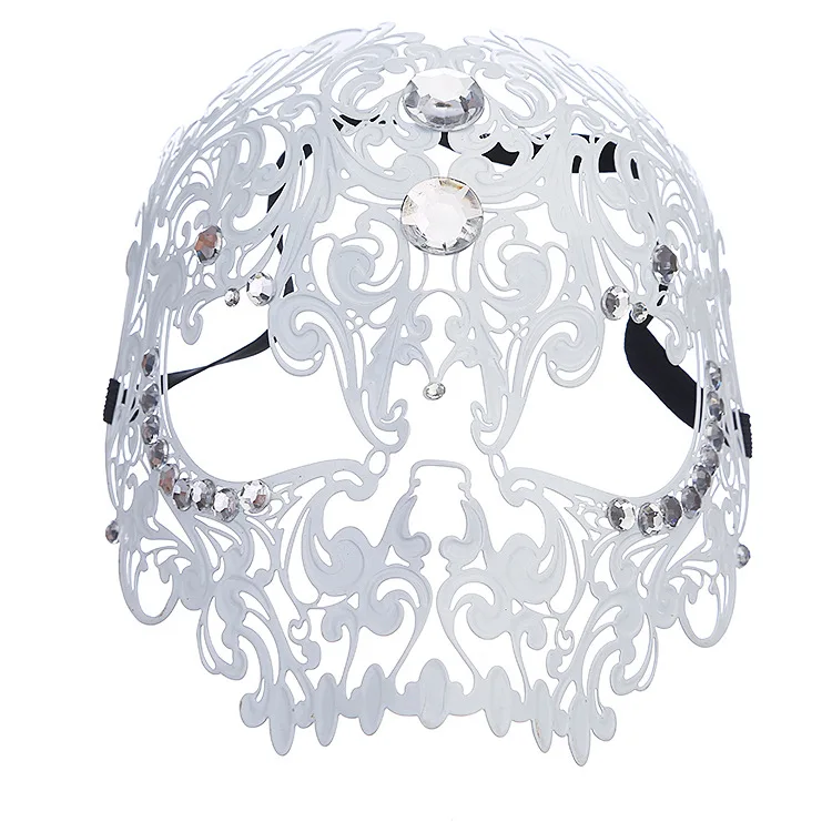 White Halloween Mask With Diamond For Dance Women And Men Cool Costume Prom Party Sexy Full Face Hollow Out Masquerade Festival - Цвет: White
