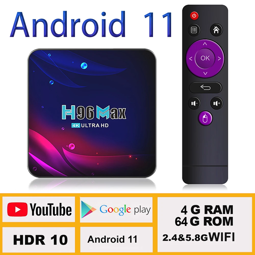 Смарт ТВ-приставка H96 MAX V11 Android 11 4G 32 ГБ 64 Wi-Fi 2 и 5 8G 4K Hd Youtube Usb 3 0 Google Play Bluetooth