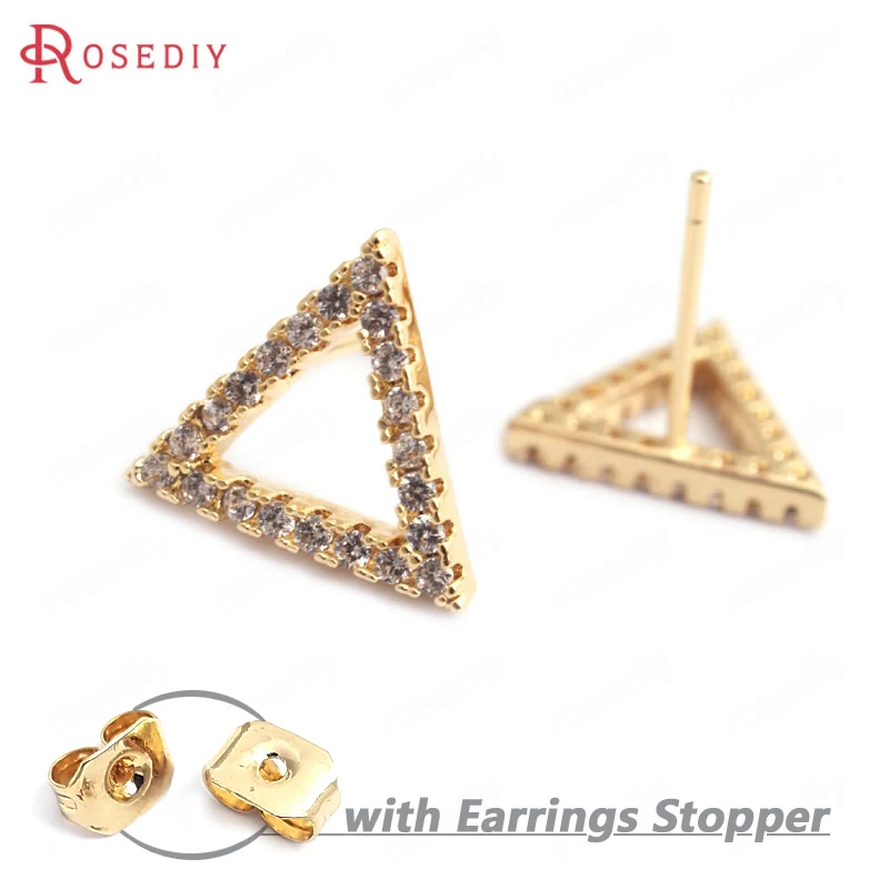 

(F037)6 pieces 12x10mm High Quality Gold Color Brass + White Zircon Triangle Stud Earrings Diy Jewelry Findings Accessories