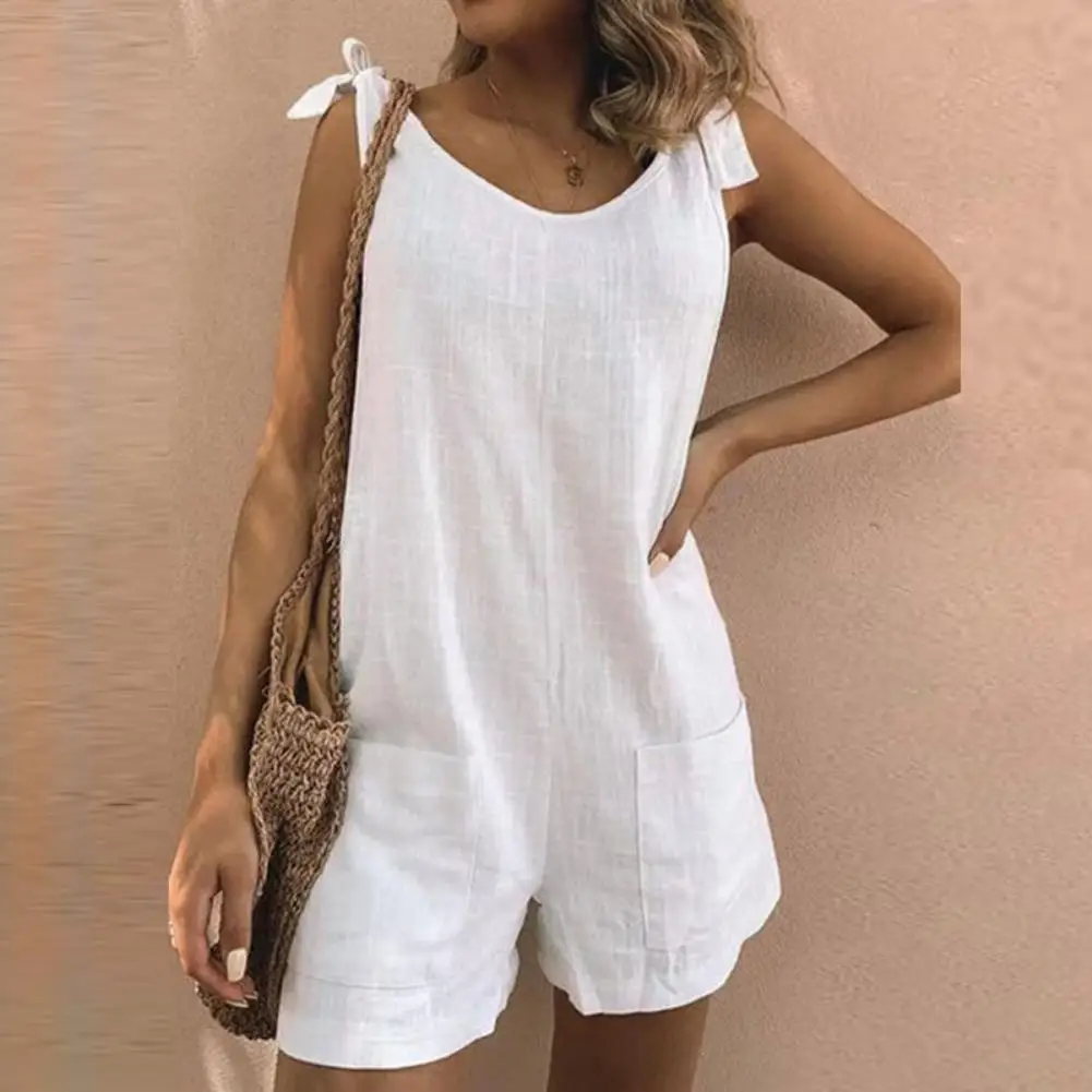 Mono holgado sin mangas con bolsillos y Tirantes ajustables para mujer, peto de Color liso, pantalones cortos, monos, 2021