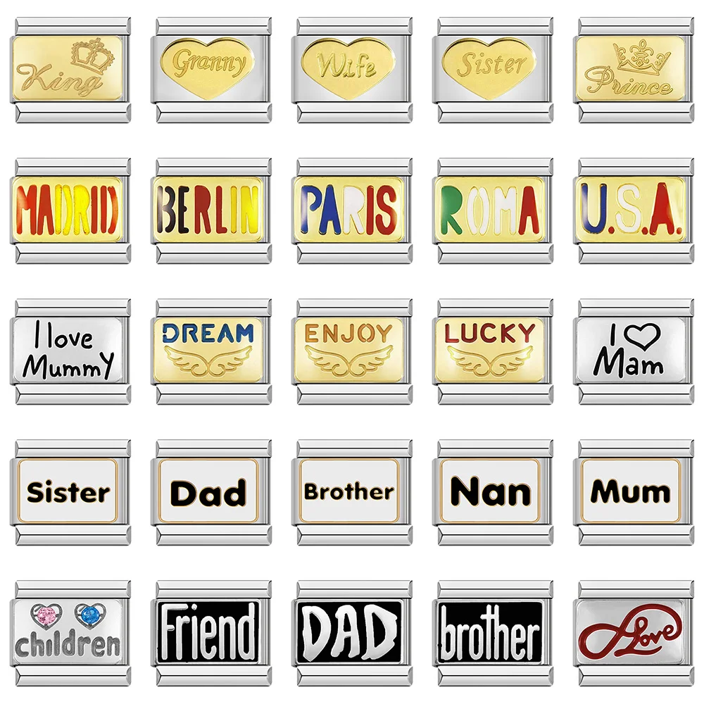 Hapiship Friend Dad King Madrid Wife Mum Daddy Prince Italian Charm Links Fit 9mm Stainless Steel Bracelet Jewelry Making DJ123 | Украшения