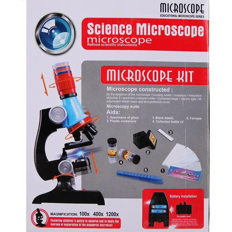 Микроскоп лабораторный набор светодиодный 100x 400x 1200x Биологический микроскоп домашняя школа Развивающие игрушки для детей детские оптические инструменты