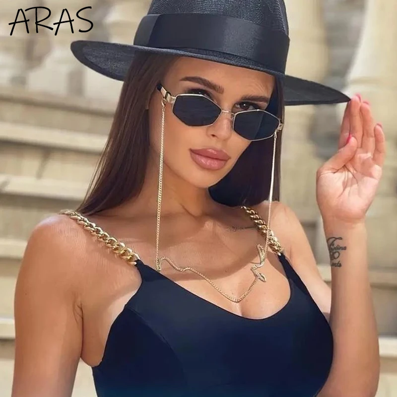 2022 Trendy Retro Hexagon With Chain Sunglasses Women Unique  Polygon Brand Designer Sun Glasses For Female Small Frame Eyewear