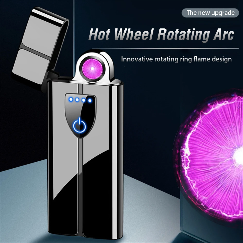 Сенсорный спиннинг плазменная Roating Arc Зажигалка USB Зарядка Светодиодный дисплей питания ветрозащитная электронная турбо импульсная зажигалка
