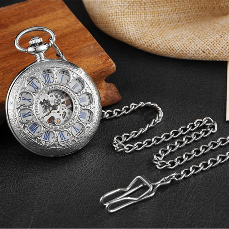 Silver Gorben Ретро Серебряные синие римские цифры Скелет Механические карманные часы с ручным заводом часы с подвеской ожерелье цепь - Цвет: Silver