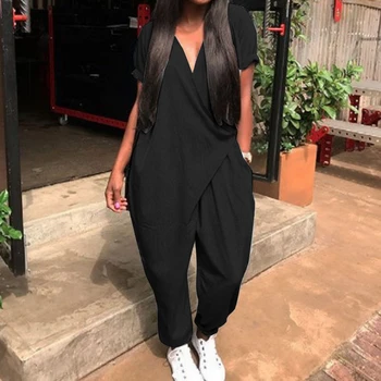 

2020 Solid Color Summer Overalls Women Jumpsuits Fashion Pants V Neck Button Playsuits Female Short Sleeve Romeper