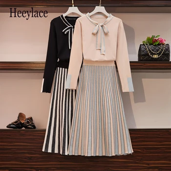 

Plus Size 2019 Autumn Winter High Quality Women 2 Piece Set Knitting Bow Long Sleeve Pullover Sweater+Shining A-line Skirt Suits
