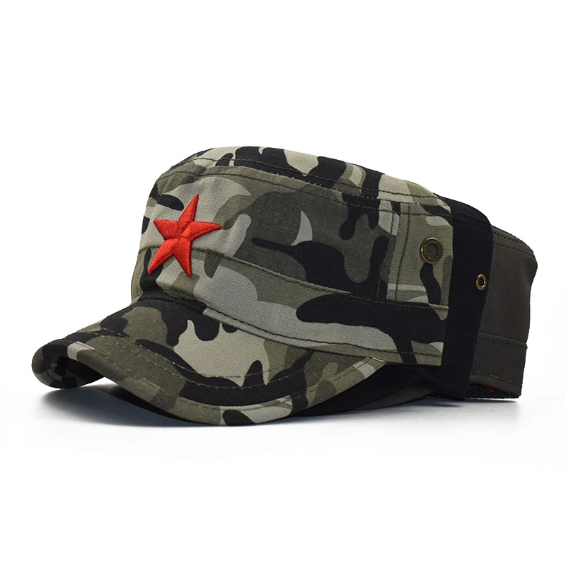 Simple Classic Camouflage Men Five stars 3D embroidery Military Caps Army Cadet Hats Cotton Adjustable Flat Top Patrol Cap