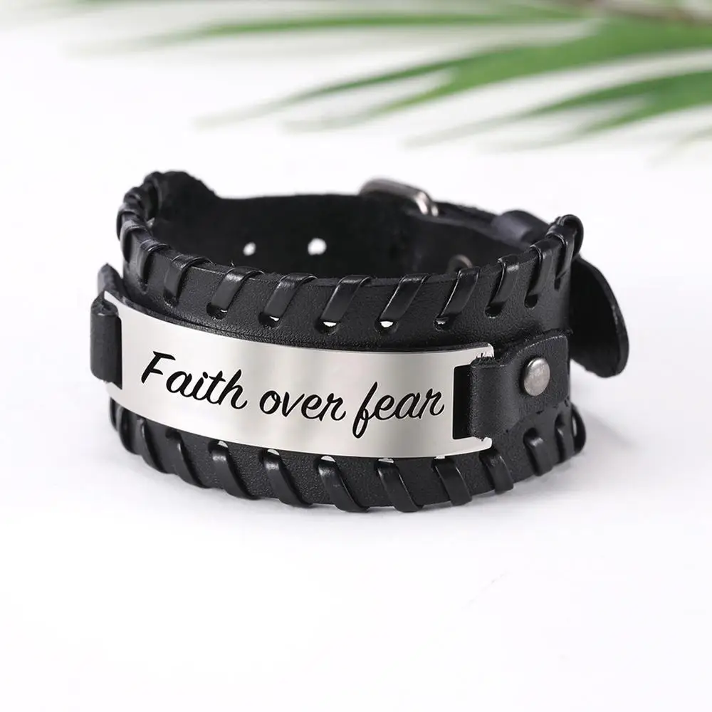 Fear Leather Мой Форма Нержавеющая сталь Для мужчин, браслет с гравировкой, Faith Over Fear Надежда Любовь чёрный; коричневый кожаный Для мужчин браслет ювелирные изделия - Окраска металла: Fear Leather