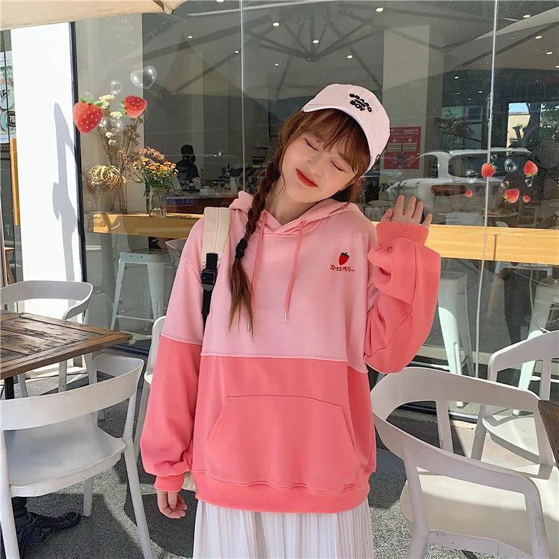 

Harajuku Kawaii Strawberry Embroidered Hoodies Sweatshirt Women Autumn Tops Japanese Style Sweet Patchwork Schoolgirl Streetwear