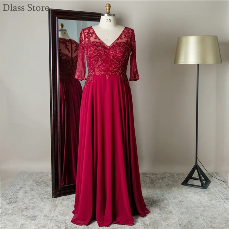 

Wine Red Chiffon Mother Dresses For Wedding Floor Length V-neck Illusion Back Laces Appliques Half Sleeves коктейльные платья