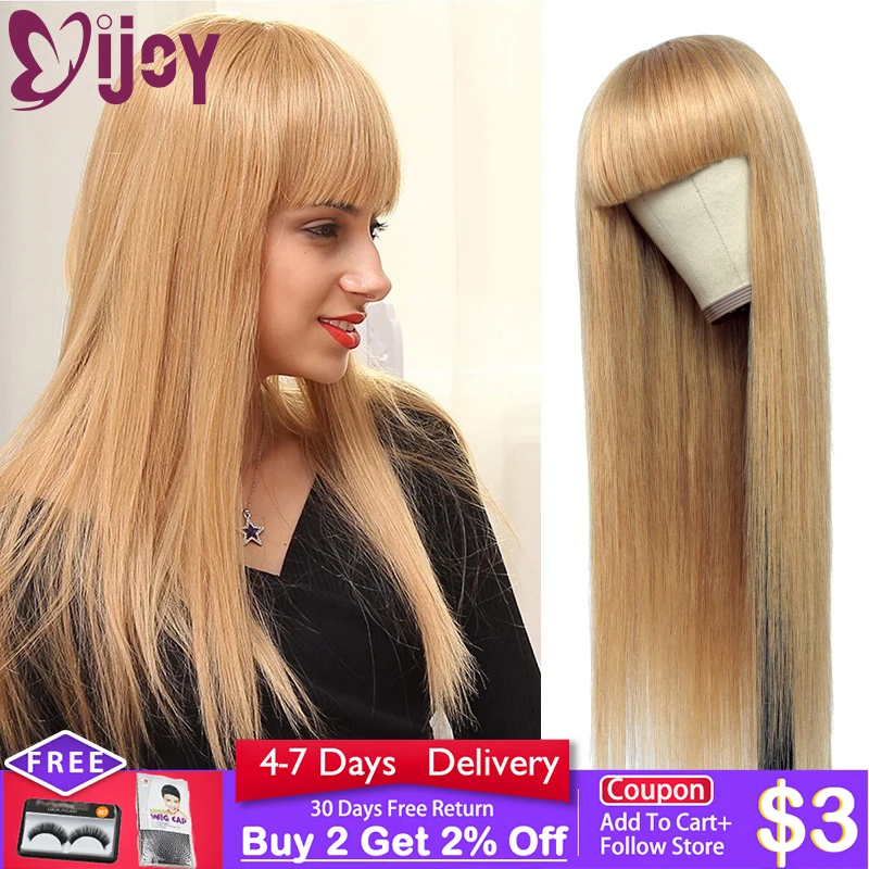 Wigs Bangs Human-Hair IJOY Honey Blonde Brazilian Straight Long Full-Machine-Made Black-Women