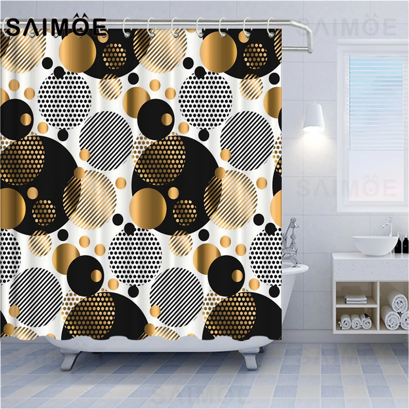 ATOMAX Retro 3D Geometry Shower Curtains Abstract Round Line Curtain Bathroom Luxury Golden Modern Art Decor Waterproof | Дом и сад