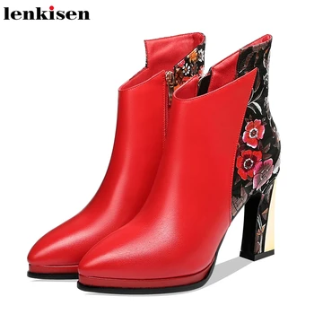 

Lenkisen Oriental noble mixed colors print genuine leather pointed toe super high heels winter women side zip ankle boots L19