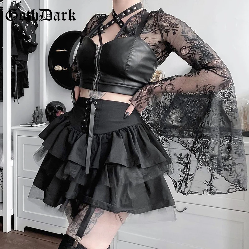 Готическая плиссированная мини-юбка Goth Dark со шнуровкой сетчатая Пышная юбка в