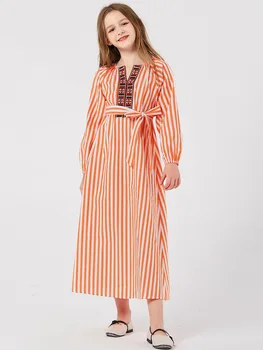 

teenage girls orange striped long sleeve causal dress children clothes kids dress wholesale