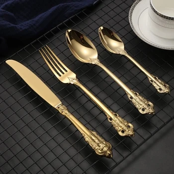 

Luxury Golden Dinnerware Set Gold Plated Stainless Steel Cutlery Wedding Tableware Dining Knife Fork Tablespoon