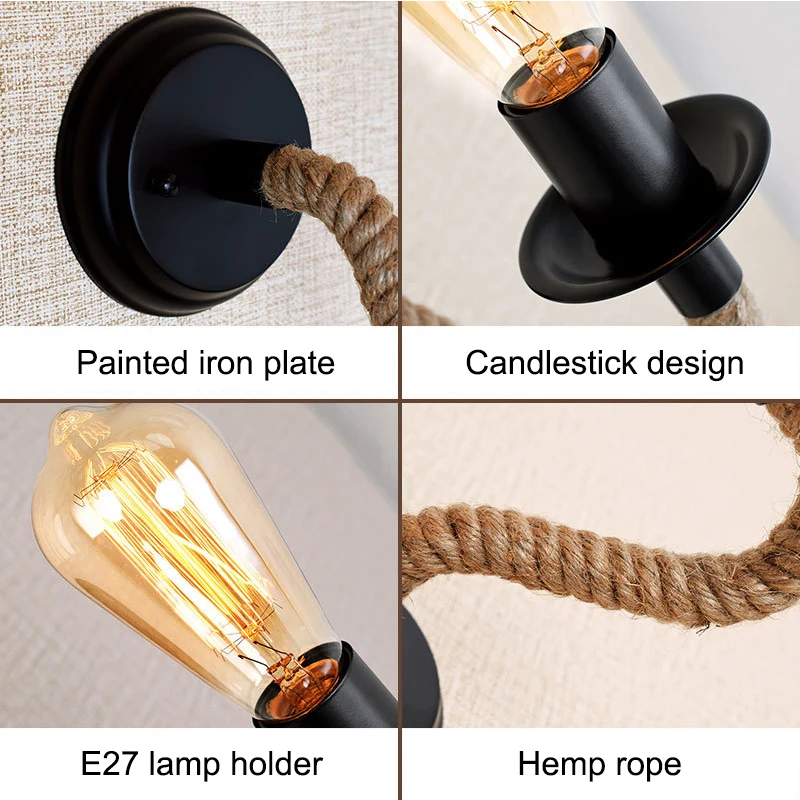 Винтажная настенная лампа из пеньковой веревки промышленный светодиодный