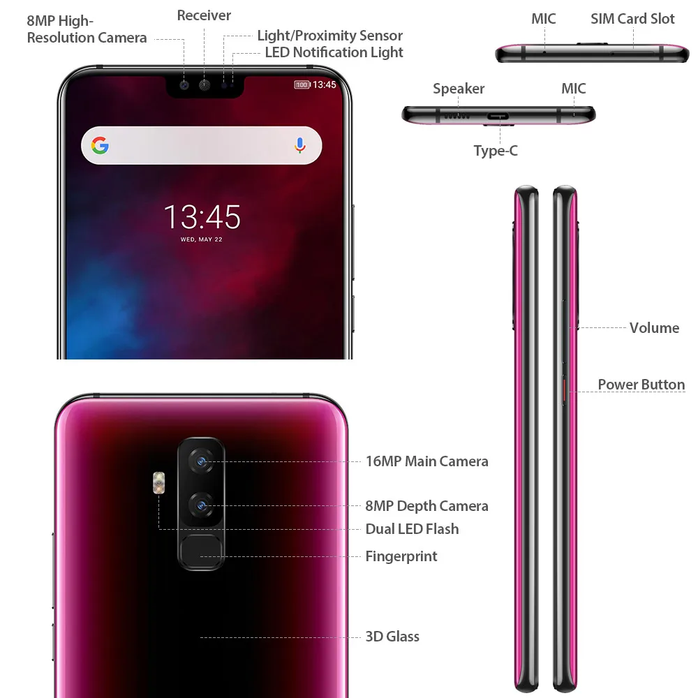  Ulefone T2 Smartphone Android 9.0 Dual 4G Cell Phone 6GB 128GB NFC Octa-core Helio P70 4200mAh 6.7