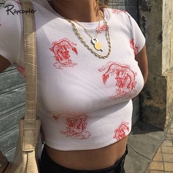 

Rapcopter Summer New 2020 Fashion Dragon Print Graphic Crop Top Female Harajuku Workout Short Sleeve Women T Shirt Outfits Tees