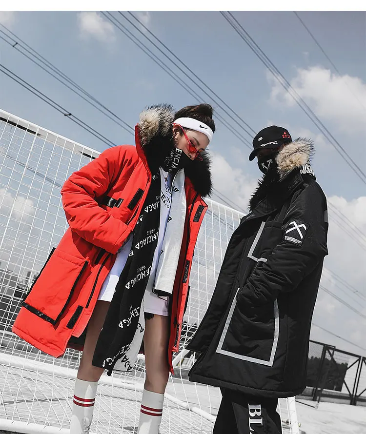 Парная хлопковая одежда зимняя трендовая теплая Толстая хлопковая куртка для мужчин и женщин пальто с меховым воротником длинное пальто толстая ветровка