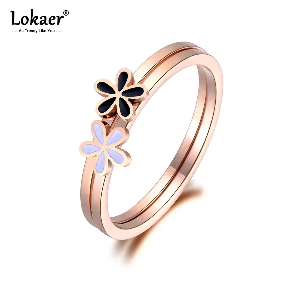 Женское кольцо с двойными цветами Lokaer белое/черное из нержавеющей стали цвета