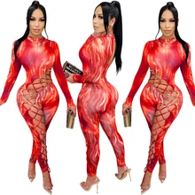 Xingqing Women’s Jumpsuit Hollow Out Tie Up Tight Jumpsuit High Neck Long Sleeve Tie Dye Bodycon Playsuits Roupas Femininas