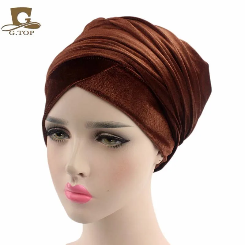 Роскошный мягкий вельветовый тюрбан Велюровая шапочка для душа головной убор хиджаб шапка мусульманский шарф мусульманский головной платок - Цвет: coffe