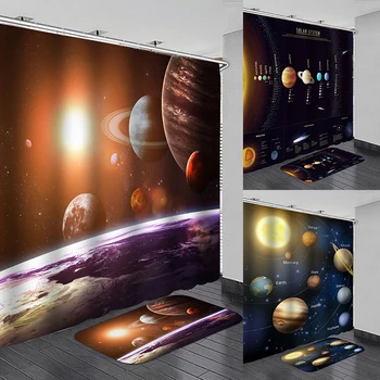

Bathroom Shower Curtain Mat Non-slip Rug Set Planet Style Waterproof Polyester