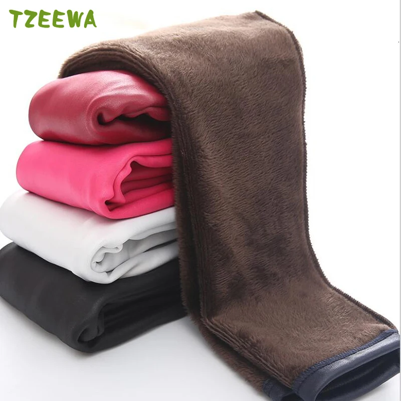 Новинка 2021 зимние леггинсы для девочек брюки из искусственной кожи бархатные