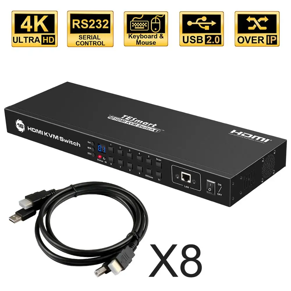 TESmart 4 к UHD 16 порты HDMI KVM Переключатель консоли стойку переключатель с 8 шт. 5ft kvm-кабель USB 2,0 устройства вход управление