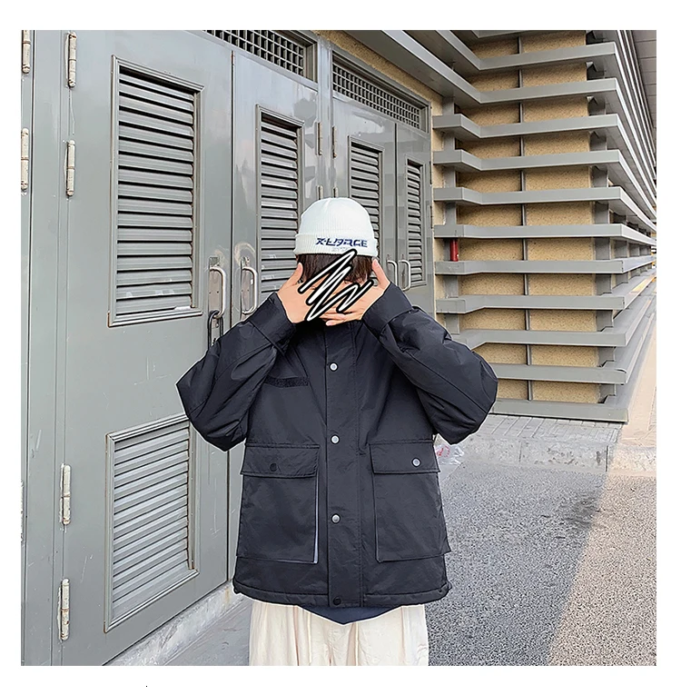 Autumn And Winter New Port Men's Japanese Fashion Casual Loose Solid Color Tooling Cotton Jacket Tide Blue / Black M-2XL