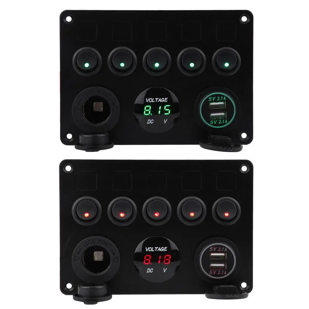 12-24V 5 Gang ON-OFF Toggle Switch Panel Dual USB Socket Charger LED Voltmeter 12V Power Outlet for