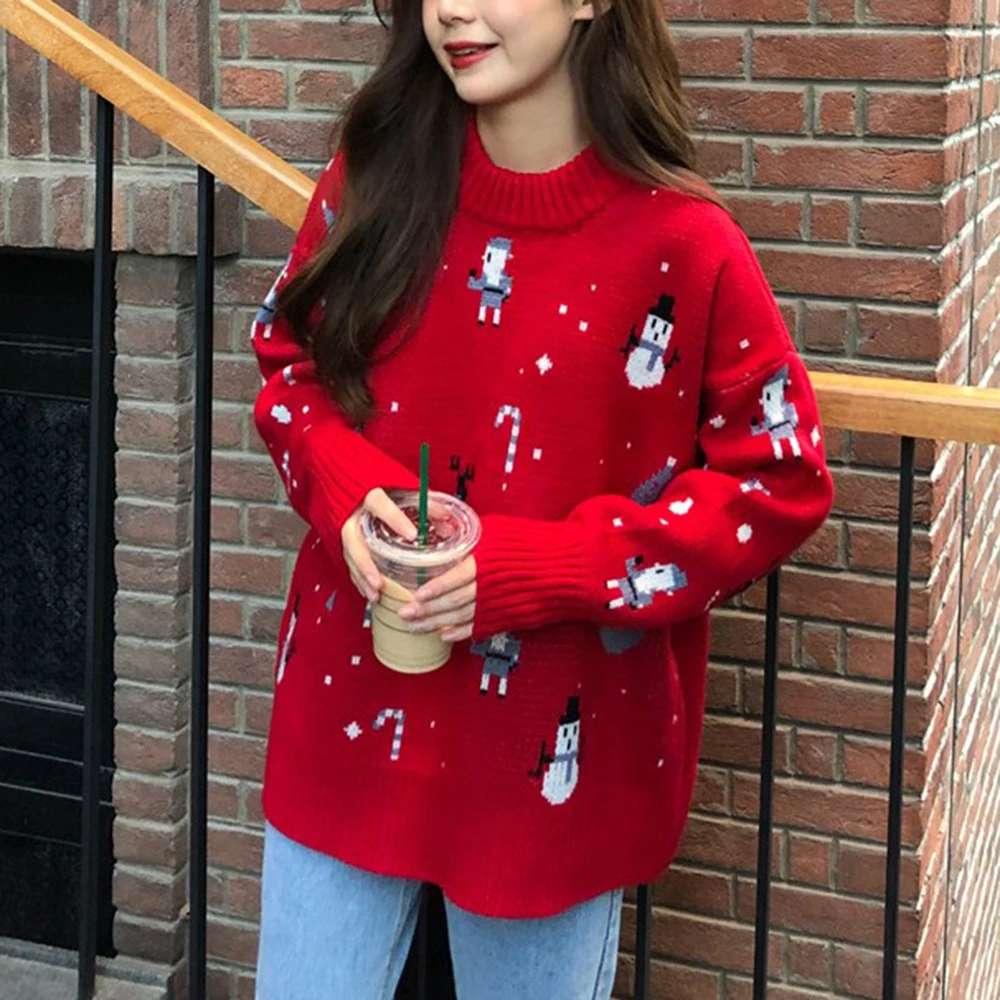 Women's Knitted Chrismas Snowman Pattern Sweater Autumn Winter O Neck Long Sleeve Female Pullover Loose Reindeer Ladies Jumpers | Женская